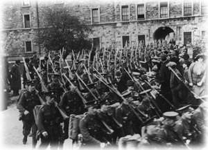 7thb'D' Company, 7th Battalion the Royal Dublin Fusiliers photographed at the Royal (Collins) Barracks, Dublin on the 30th of April, 1915, prior to their departure to Basingstoke, and ultimately Dardanelles.