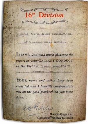 This Certificate of Bravery is Ned's third. He had been transferred to the Engineers of the 16th (Irish) Division. Ned was known as Sapper Brierley.