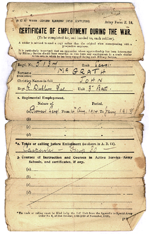 A soldier's Certificate of Employment during the Great War.