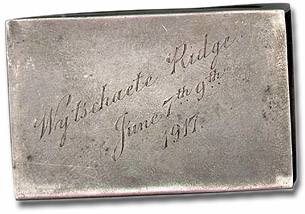 A matchbox commemorating the Battle at Wytschaete Ridge. He received another for the Battle of Ginchy.