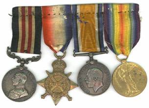 Ned's Service Medals: the leftmost is the Military medal; the second from the left is the 1914-15 Star; the second from the right is the George medal; the medal on the right is the Victory medal. Two of the medals were nicknamed Pipsqueak & Winnie after two popular cartoon characters of the time.